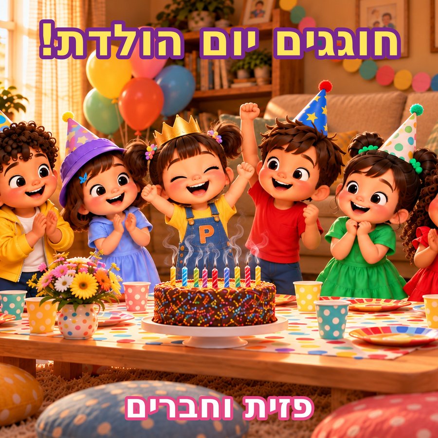 פזית והחברים חוגגים יום הולדת ליד העוגה